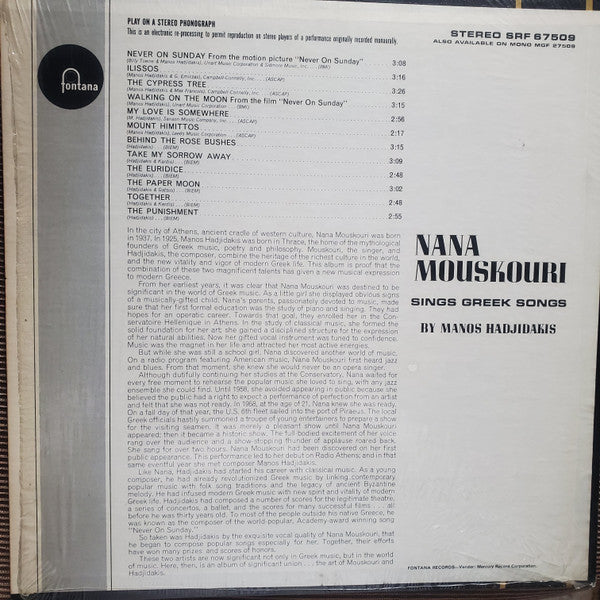 Nana Mouskouri : Sings Greek Songs By Manos Hadjidakis (LP)