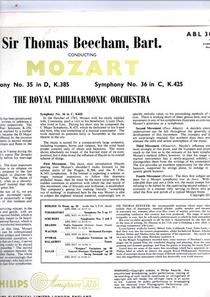 Wolfgang Amadeus Mozart, Royal Philharmonic Orchestra, Sir Thomas Beecham : Symphony No. 35 In D Major K. 385 "Haffner", Symphony No. 36 In C Major K. 425 "Linz" (LP, Mono)
