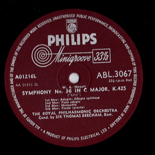 Wolfgang Amadeus Mozart, Royal Philharmonic Orchestra, Sir Thomas Beecham : Symphony No. 35 In D Major K. 385 "Haffner", Symphony No. 36 In C Major K. 425 "Linz" (LP, Mono)