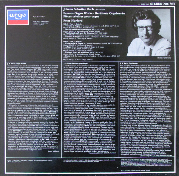 J.S. Bach*, Peter Hurford : Famous Organ Works Toccata & Fugue (LP, Album)