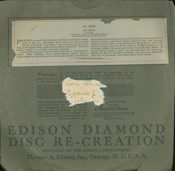 Marie Rappold, Albert Spalding : Ave Maria (Edison Disc, Eng)