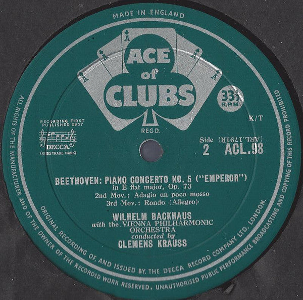 Beethoven*, Backhaus*, Vienna Philharmonic Orchestra*, Clemens Krauss : "Emperor" Concerto (LP, Mono)