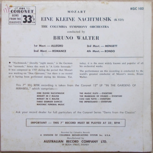 Wolfgang Amadeus Mozart - Bruno Walter Conducts Columbia Symphony Orchestra : Eine Kleine Nachtmusik (7", Mono)