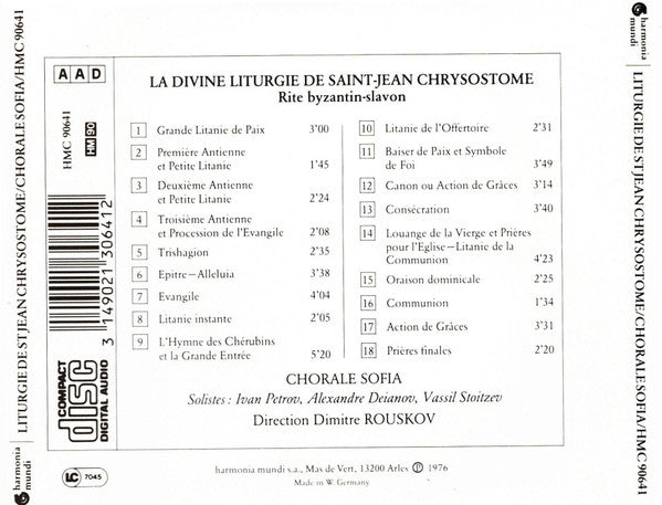 Chorale Sofia , Direction: Dimitre Rouskov : La Divine Liturgie De Saint-Jean Chrysostome (Rite Byzantin-Slavon) (CD, Album, RE)