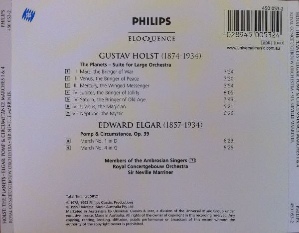 Holst* / Elgar* · Royal Concertgebouw Orchestra* · Sir Neville Marriner : The Planets / Pomp & Circumstance Marches Nos. 1 & 4 (CD)