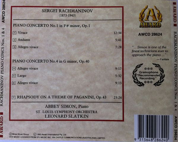 Rachmaninov* - Abbey Simon, Leonard Slatkin, St. Louis Symphony Orchestra* : Piano Concertos Nos. 1 & 4 (CD)