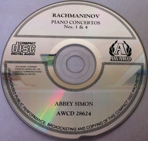 Rachmaninov* - Abbey Simon, Leonard Slatkin, St. Louis Symphony Orchestra* : Piano Concertos Nos. 1 & 4 (CD)