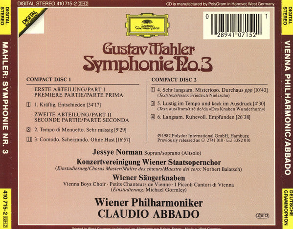 Gustav Mahler - Claudio Abbado, Wiener Philharmoniker, Die Wiener Sängerknaben, Jessye Norman, Konzertvereinigung Wiener Staatsopernchor : Symphony No. 3 (2xCD, Album, RE)