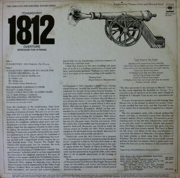 Pyotr Ilyich Tchaikovsky - Eugene Ormandy, The Philadelphia Orchestra, Mormon Tabernacle Choir, Valley Forge Military Academy Band : 1812 Overture / Serenade For Strings (LP, Album)