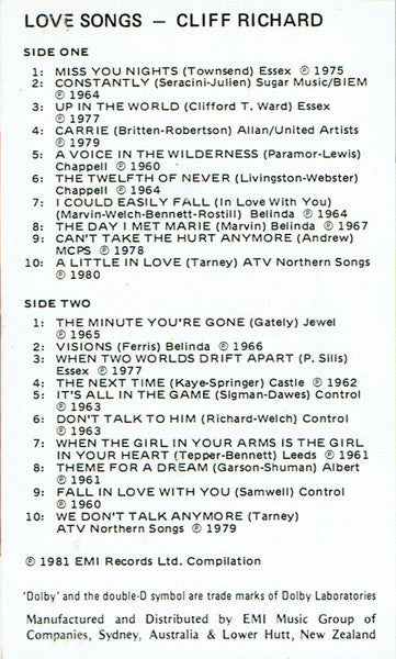 Cliff Richard : Love Songs (Cass, Comp)