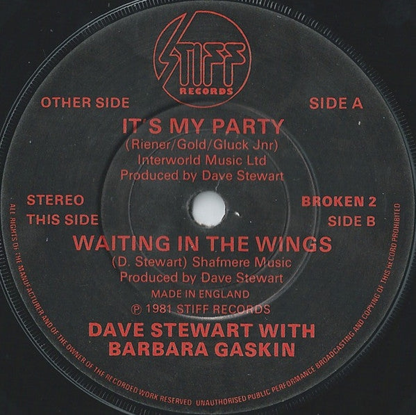Dave Stewart With Barbara Gaskin* : It's My Party (7", Single, Com)