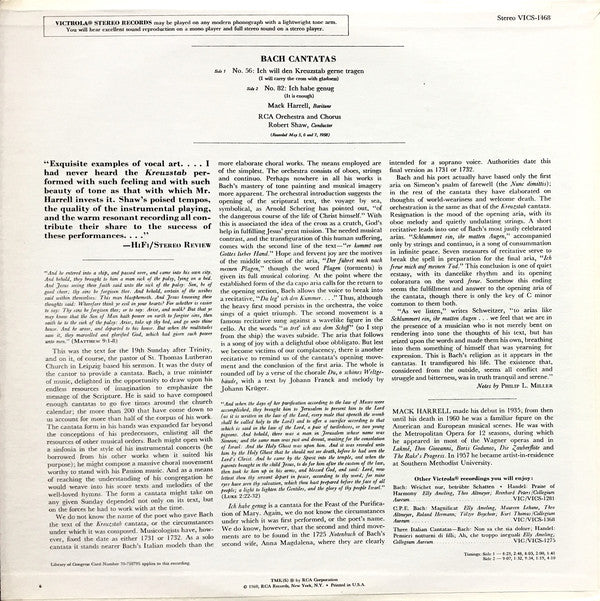 Johann Sebastian Bach - Robert Shaw, Mack Harrell, RCA Victor Symphony Orchestra : Cantatas No. 56: Ich Will Den Kreuzstab Gerne Tragen / No. 82: Ich Habe Genug (LP)