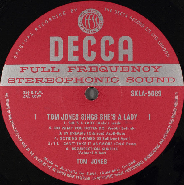 Tom Jones : Tom Jones Sings She's A Lady (LP, Album)