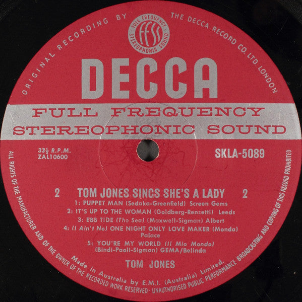 Tom Jones : Tom Jones Sings She's A Lady (LP, Album)
