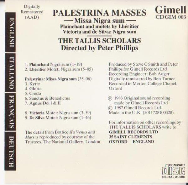 Palestrina* - The Tallis Scholars Directed By Peter Phillips (2) : Palestrina Masses: Missa Nigra Sum (CD, Album, RE, RM)