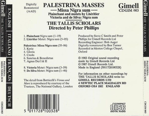 Palestrina* - The Tallis Scholars Directed By Peter Phillips (2) : Palestrina Masses: Missa Nigra Sum (CD, Album, RE, RM)