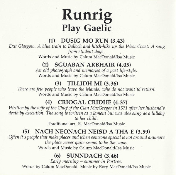 Runrig : Play Gaelic (The First "Legendary" Recordings) (CD, Album, RE)