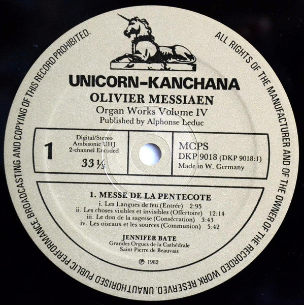 Olivier Messiaen, Jennifer Bate : Organ Works - Volume IV: Messe De La Pentecôte, Verset Pour La Fête De La Dédicace, Le Banquet Céleste (LP, Amb)