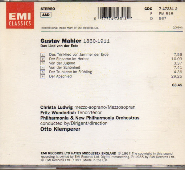 Gustav Mahler, Otto Klemperer, Christa Ludwig • Fritz Wunderlich, Philharmonia Orchestra, New Philharmonia Orchestra : Das Lied Von Der Erde (CD, RM)