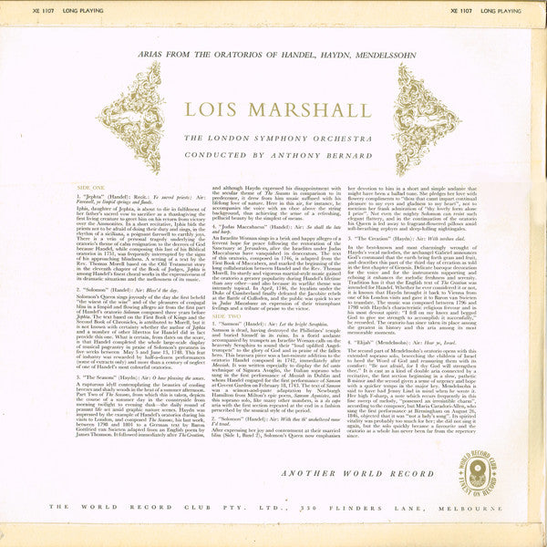 Lois Marshall : Arias From The Oratorios Of Handel, Haydn, Mendelssohn  (LP, Album, Mono, Club)