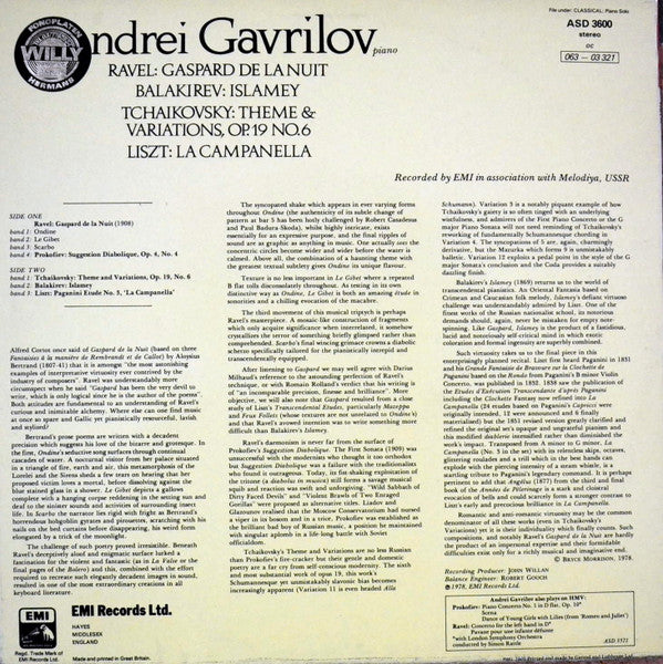Andrei Gavrilov : Ravel: Gaspard De La Nuit, Balakirev: Islamey, Tchaikovsky: Theme & Variations, Op. 19 No. 6, Liszt: La Campanella (LP, Album)