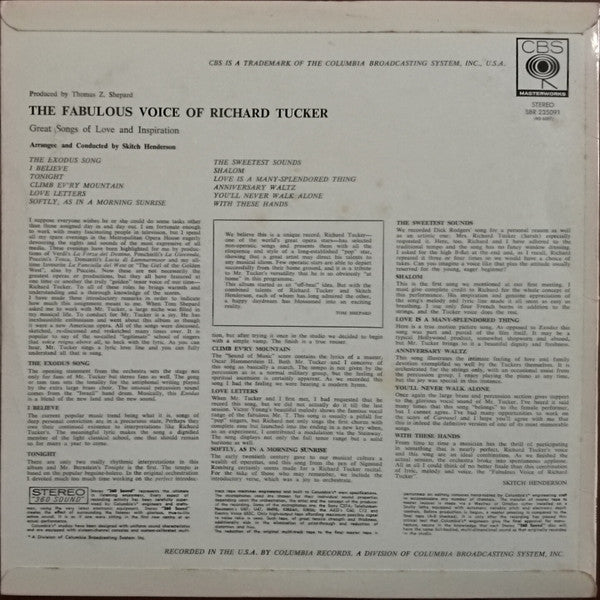 Richard Tucker (2) : The Fabulous Voice Of Richard Tucker - Great Songs Of Love And Inspiration (LP)