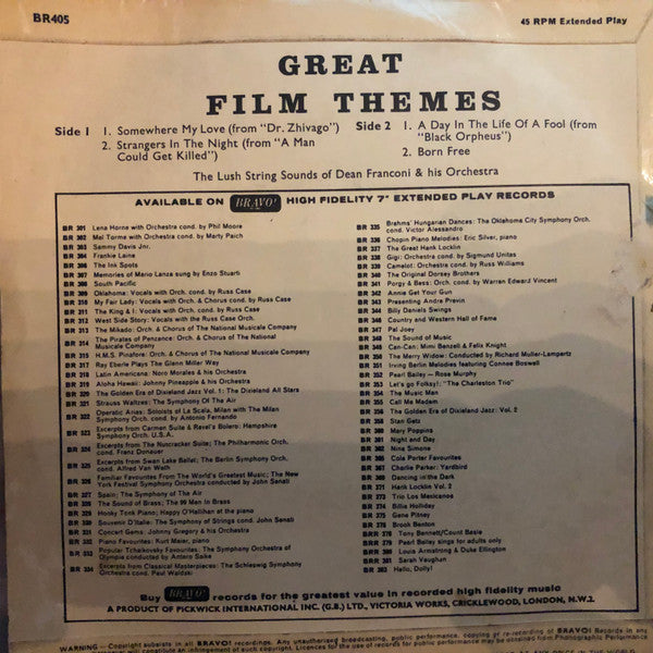 The Lush Sounds Of Dean Franconi & His Orchestra* : Great Film Themes (7", EP)