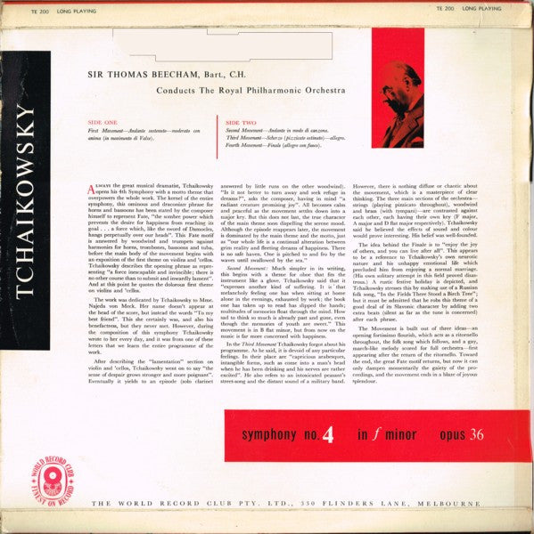 Tchaikowsky* / Sir Thomas Beecham, Bart., C.H.* Conducts The Royal Philharmonic Orchestra* : Symphony 4 In F Minor, Opus 36 (LP, Album, Mono, Club)