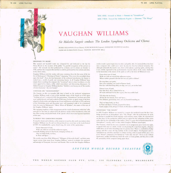 Ralph Vaughan Williams / London Symphony Chorus And London Symphony Orchestra Conducted By Sir Malcolm Sargent : Vaughan Williams (LP, Album, Mono, Club)