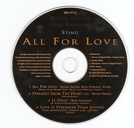 Bryan Adams, Rod Stewart, Sting : All For Love (CD, Single, Car)