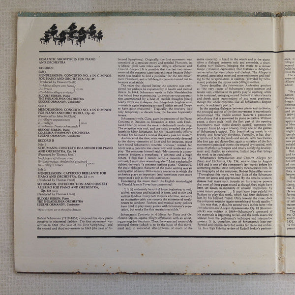 Rudolf Serkin, Felix Mendelssohn-Bartholdy, Robert Schumann, Eugene Ormandy, The Philadelphia Orchestra, Columbia Symphony Orchestra : Romantic Showpieces For Piano And Orchestra Mendelssohn: Piano Concertos Nos. 1 And 2; Capriccio Brillante Schumann: Piano Concerto; Introduction And Allegro (2xLP, Comp, Gat)