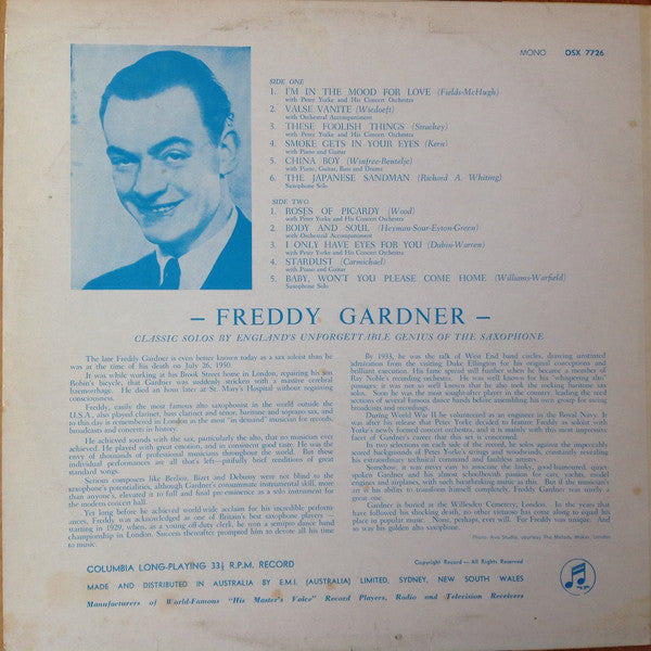 Freddy Gardner, Peter Yorke And His Concert Orchestra : Classic Solos By England's Unforgettable Genius Of The Saxophone (LP, Album, Mono)