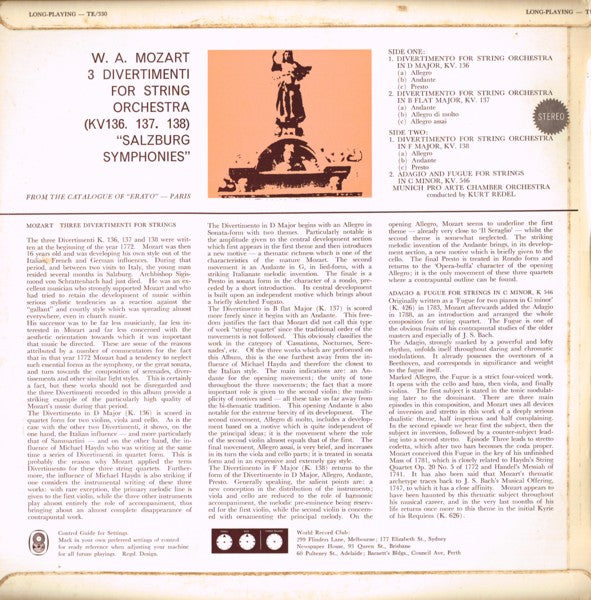W.A. Mozart*  /  Munich Pro Arte Chamber Orchestra* Conducted By Kurt Redel : 3 Divertimenti For String Orchestra - KV136. 137. 138 (Salzburg Symphonies) And Adagio And Fugue For Strings In C Minor, KV546 (LP, Club, RE)