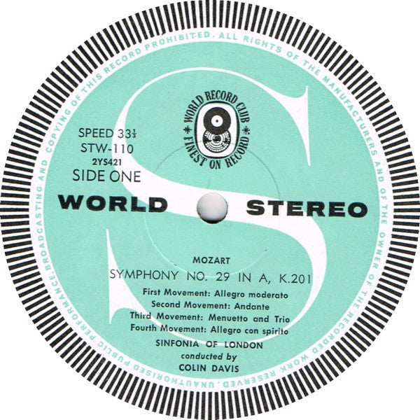 Wolfgang Amadeus Mozart, Sir Colin Davis Conducts Sinfonia Of London : Symphony No.29 In A Major / Symphony No. 39 In E Flat Major (LP, Album, Club, RE)