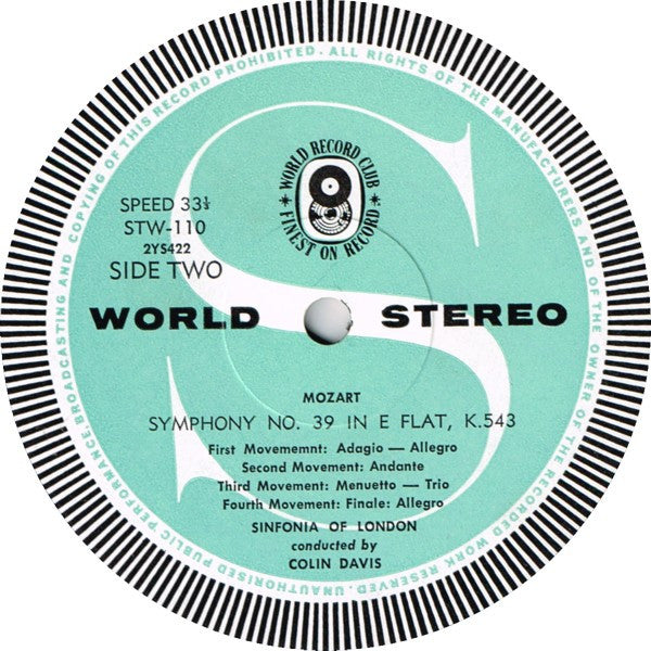Wolfgang Amadeus Mozart, Sir Colin Davis Conducts Sinfonia Of London : Symphony No.29 In A Major / Symphony No. 39 In E Flat Major (LP, Album, Club, RE)