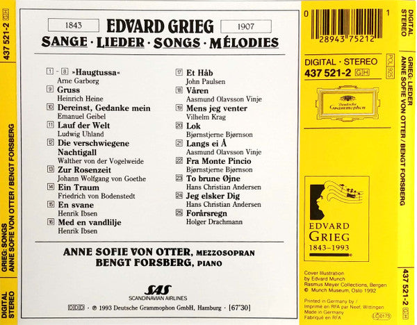 Grieg* : Anne Sofie von Otter • Bengt Forsberg : Songs · Lieder (CD, Album)