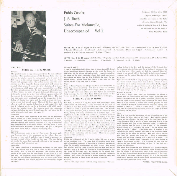 Pablo Casals - J.S. Bach* : Suites For Unaccompanied Cello Vol. 1 (LP, Album, Mono, Club, Gat)