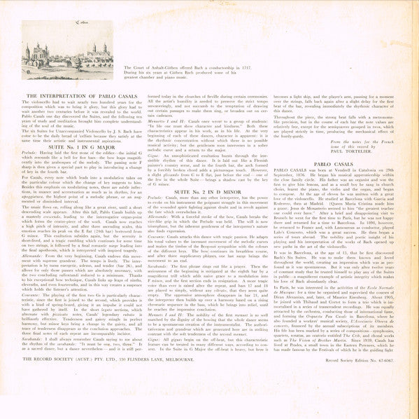 Pablo Casals - J.S. Bach* : Suites For Unaccompanied Cello Vol. 1 (LP, Album, Mono, Club, Gat)