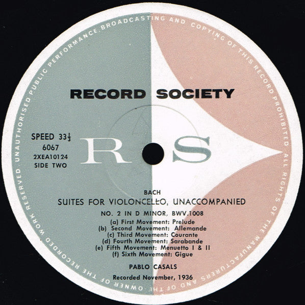 Pablo Casals - J.S. Bach* : Suites For Unaccompanied Cello Vol. 1 (LP, Album, Mono, Club, Gat)