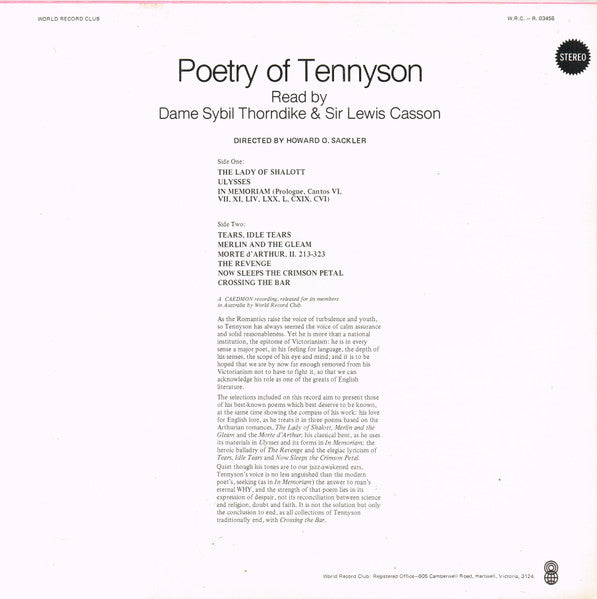 Sybil Thorndike, Lewis Casson : Poetry Of Tennyson (LP, Album, Club, RE)