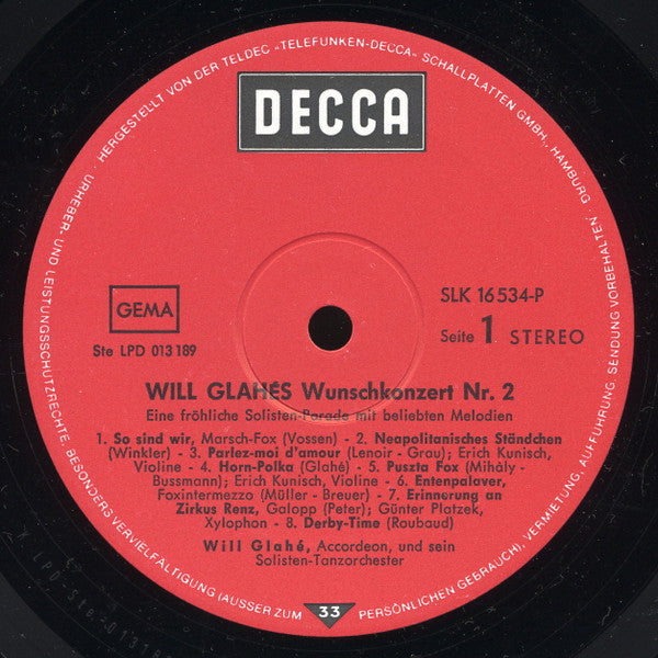 Will Glahé : Will Glahés Wunschkonzert Nr. 2 (LP)
