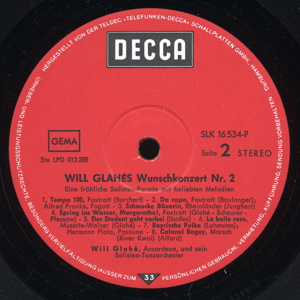 Will Glahé : Will Glahés Wunschkonzert Nr. 2 (LP)
