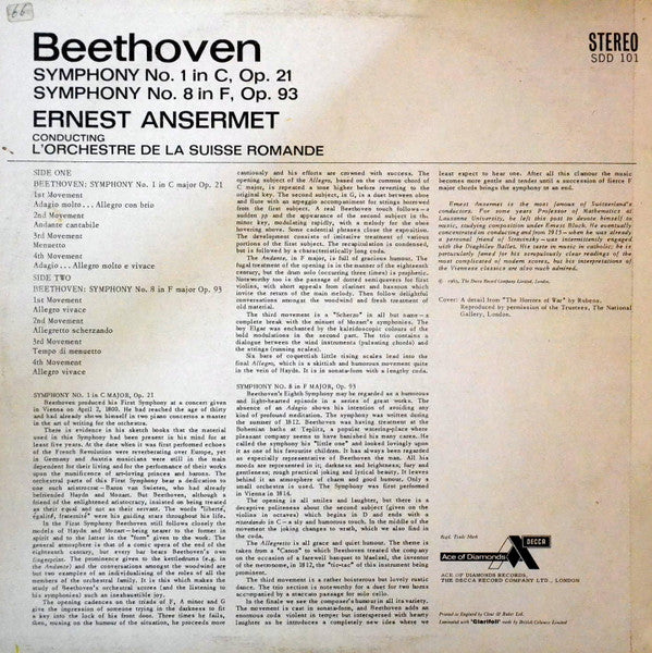 Beethoven*, L'Orchestre De La Suisse Romande, Ansermet* : Symphonies Nos. 1 & 8 (LP, RE)