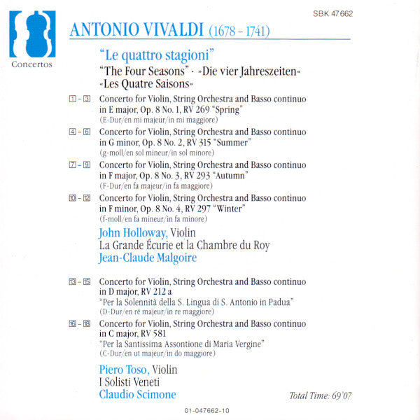 Vivaldi* - John Holloway • Piero Tosi* • Jean-Claude Malgoire • Claudio Scimone : The Four Seasons • Violin Concerto In D Major, RV 212a • Violin Concerto In C Major, RV 581 (CD, Comp, RM)