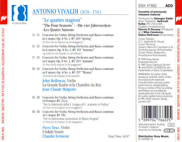 Vivaldi* - John Holloway • Piero Tosi* • Jean-Claude Malgoire • Claudio Scimone : The Four Seasons • Violin Concerto In D Major, RV 212a • Violin Concerto In C Major, RV 581 (CD, Comp, RM)