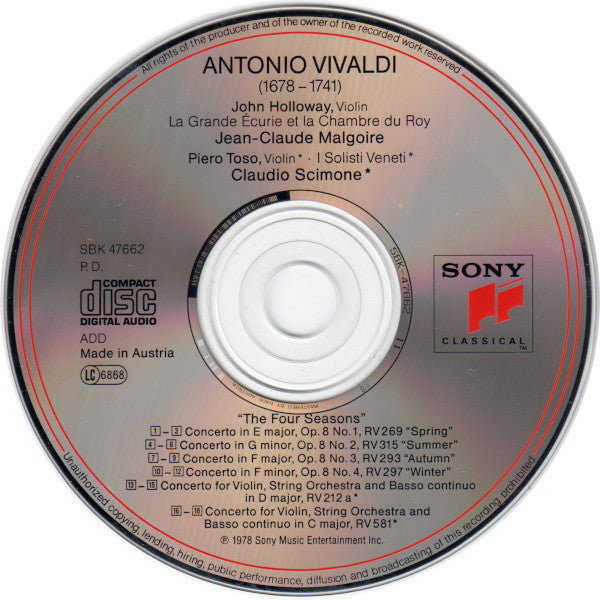 Vivaldi* - John Holloway • Piero Tosi* • Jean-Claude Malgoire • Claudio Scimone : The Four Seasons • Violin Concerto In D Major, RV 212a • Violin Concerto In C Major, RV 581 (CD, Comp, RM)