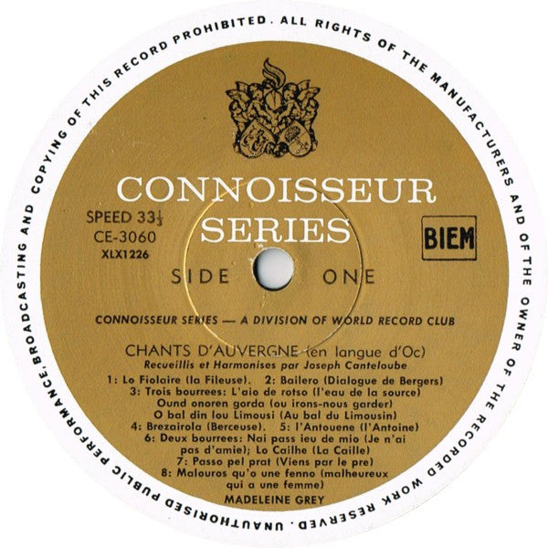 Madeleine Grey : Sings Chants D'Auvergne And Songs Of Ravel  (LP, Comp, Mono, Club)