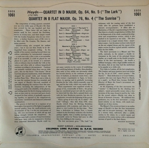Budapest String Quartet : Haydn 'Lark' Quartet ✱ Haydn 'Sunrise' Quartet (LP)