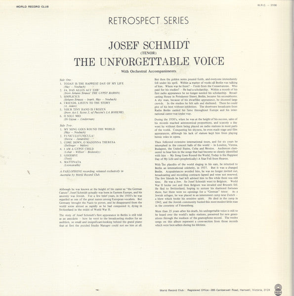 Joseph Schmidt : The Unforgettable Voice Of Joseph Schmidt (LP, Comp, Mono, Club)