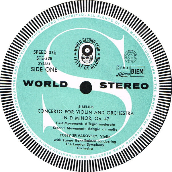 Jean Sibelius : Violin Concerto In D Minor, Opus 47 • Tone Poem Tapiola, Opus 112 (LP, Album, Club)